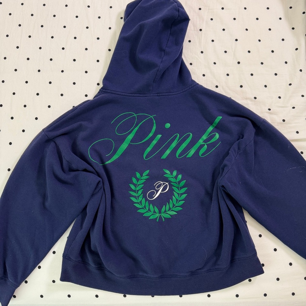 PINK Victoria's Secret Navy Blue Full Zip Hoodie Green Crest Logo Large Script